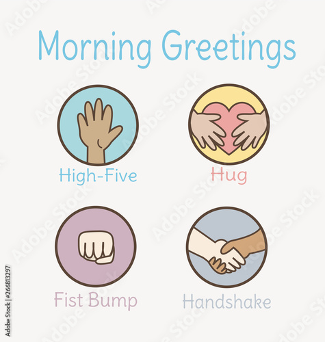 School morning greetings for teacher and students. High five, hug, fist bump and handshake vector.