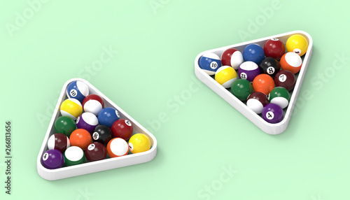 Balls for billiards pool snooker double close up on green table Background - 3D rendering