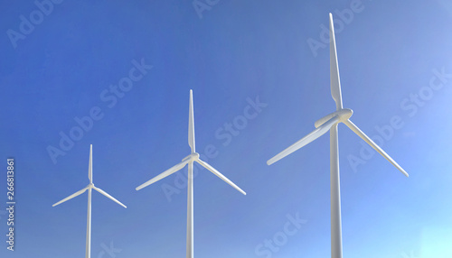 Eco power , Renewable energy , Wind turbine on Blue Sky Background - 3D rendering