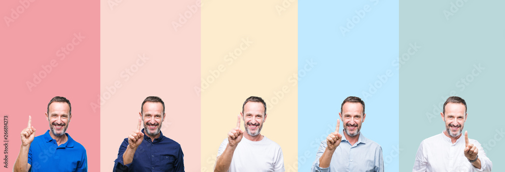 Fototapeta premium Collage of senior hoary handsome man over colorful stripes isolated background showing and pointing up with finger number one while smiling confident and happy.