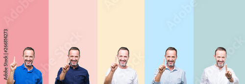 Collage of senior hoary handsome man over colorful stripes isolated background showing and pointing up with finger number one while smiling confident and happy.
