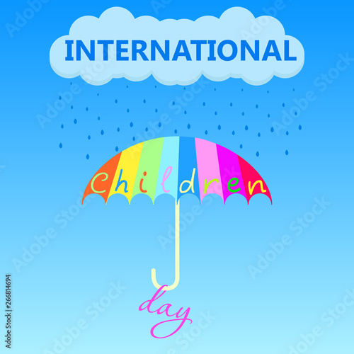 A multi-colored umbrella saves from unclear weather on the holiday of Childrens Day on the first of June. Vector illustration