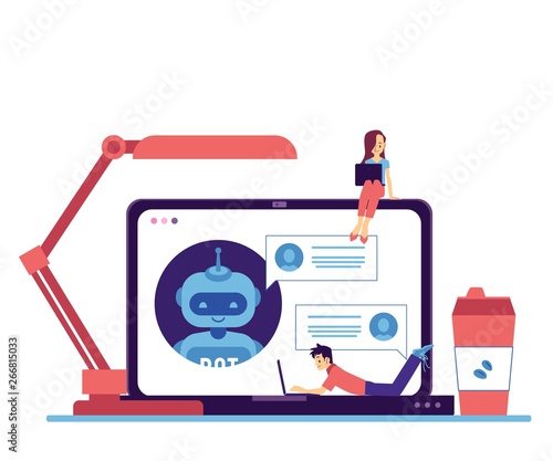 Vector chat bot in laptop woman man freelance