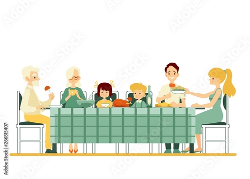 Three generation family together at the dinner table vector flat illustration.