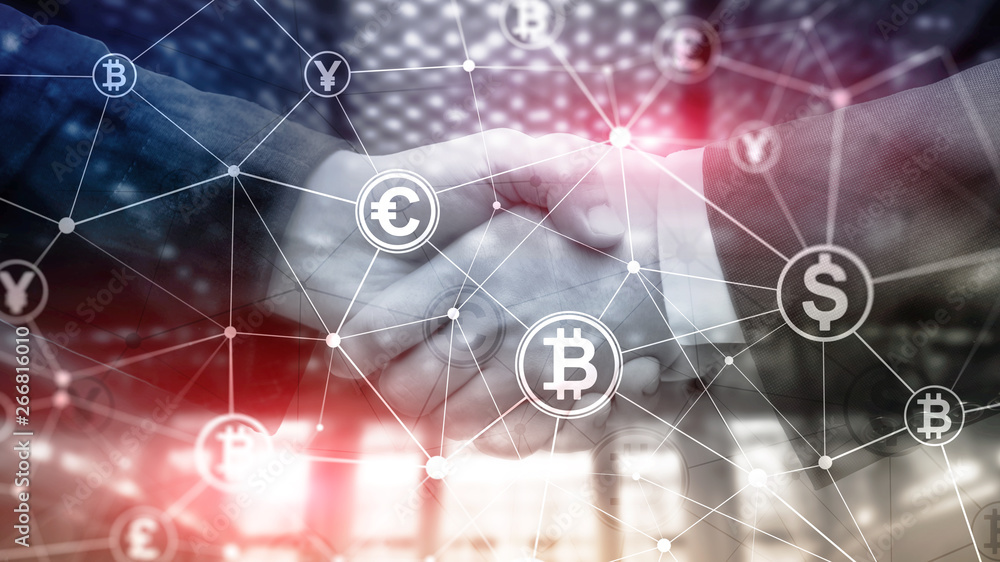 Double exposure Bitcoin and blockchain concept. Digital economy and currency trading. Double exposure Bitcoin and blockchain concept. Digital economy and currency trading.