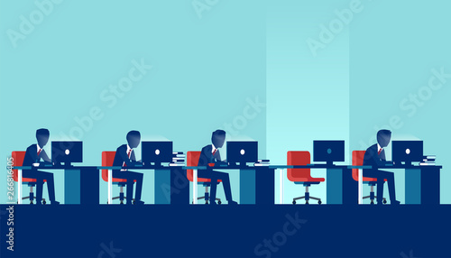 Vector of people working on computers in the office with one empty desk