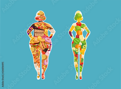 Vector of a fit woman eating healthy green vegetables food and a fat girl eating junk food.