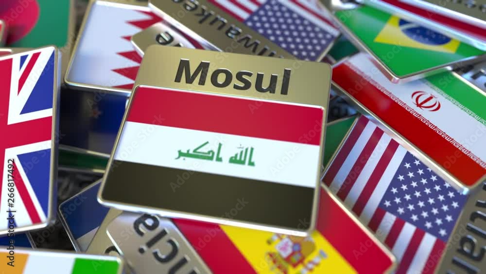 Souvenir magnet or badge with Mosul text and national flag among different ones. Traveling to Iraq conceptual intro animation