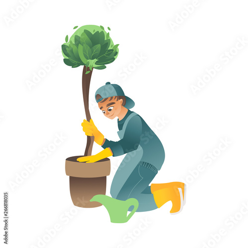 A little boy or teenager plants, waters or cares for a green tree in a flat cartoon style.