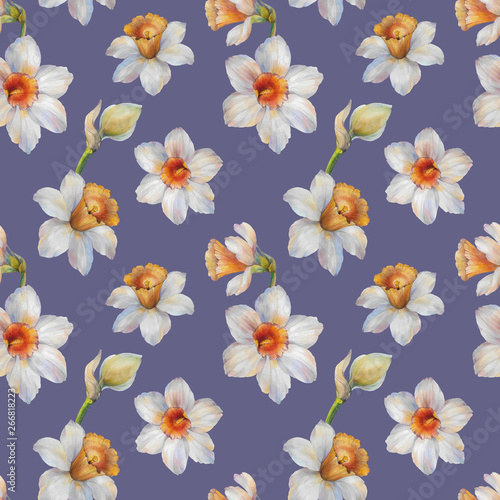 Seamless watercolor flowers pattern. Watercolor flowers narcissus. Seamless floral pattern. Hand painted flowers. Flowers for design.