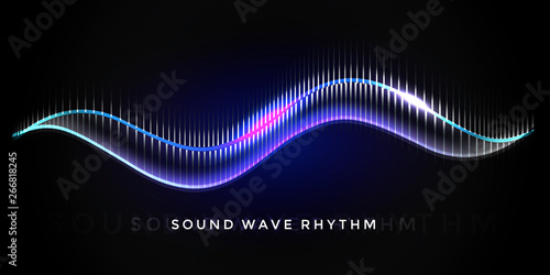 Sound wave rhythm on black background. Abstract music pulse background. Audio voice rhythm radi wave, frequency spectrum vector illustration