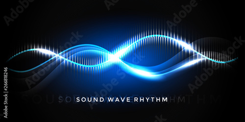 Sound wave rhythm on deep blue background. Abstract music pulse background. Audio voice rhythm radi wave, frequency spectrum vector illustration