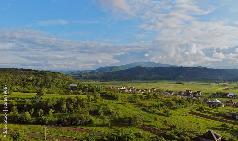 Panorama of a small scientific village and in the mountains of Ukraine