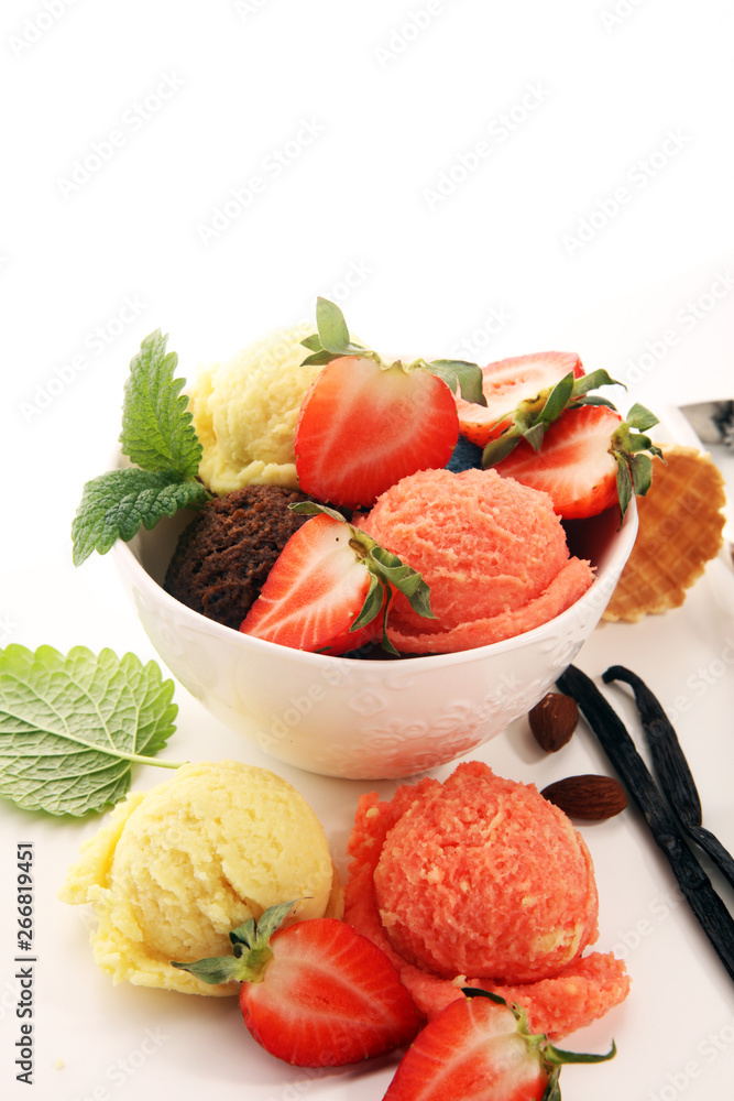 Set of ice cream scoops of different colors and flavours with berries and fruits Set of ice cream scoops of different colors and flavours with berries and fruits