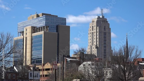 Establishing shot of Reading, Pennsylvania skyline and downtown buildings. photo