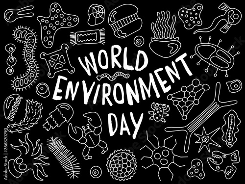 World environment day doodle. Various microorganisms background pattern. Backdrop with infectious germs, protists, microbes, disease causing bacteria, virus. Biodiversity plankton illustration