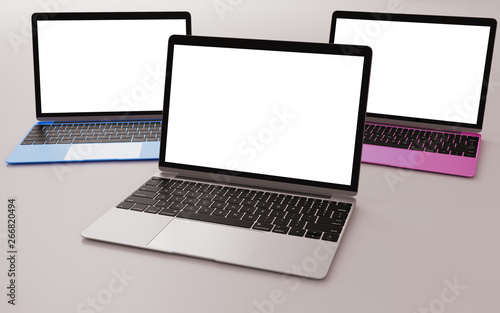 Three laptops with different colors and flat white screen.