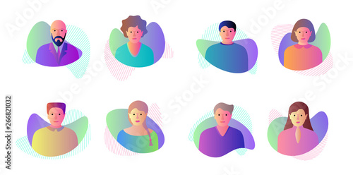 Man woman avatar set on dynamic modern liquid element graphic gradient flat style design fluid vector colorful illustration simple abstract shapes. Male female vector isolated