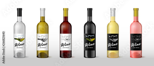 Wine realistic 3D bottle with hand-drawn label retro vintage design template set. Alcohol industry vineyard wine grapes hills farm emblem. Monochrome romantic rural landscape