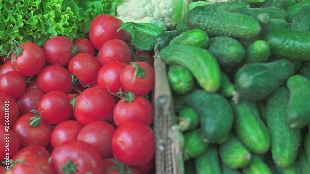Fresh vegetables, red tomatoes, green cucumbers, greens in a boxes for sale in a market. Fresh vegetables, red tomatoes, green cucumbers, greens in a boxes for sale in a market.