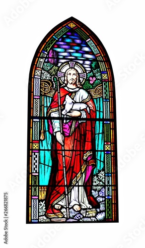 Close-up of very old Jesus our Good Shepherd stained glass window