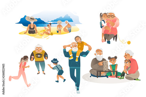 Set of grandparents and grandchildren leisure flat vector illustrations isolated.