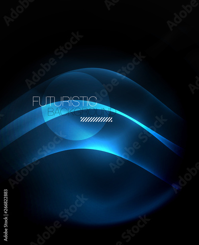 Dark background with neon color waves, vector template