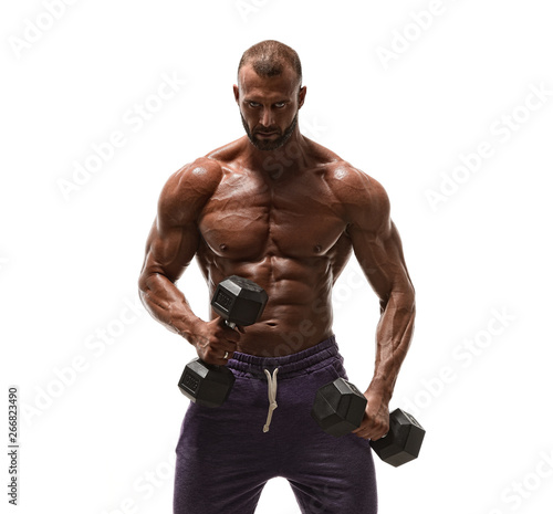 Muscular Men Lifting Weights. Performing Dumbbel Biceps Curls