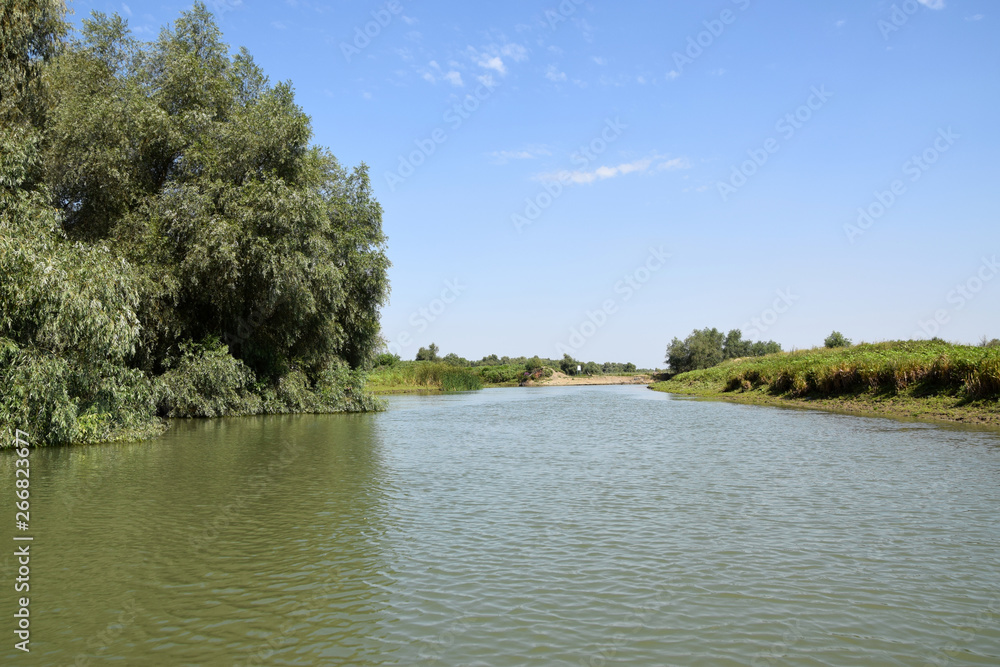 Landscape of Danube Delta. Danube distributary channel. Romania.