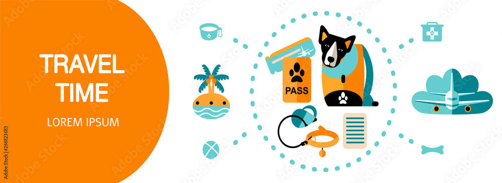 Fototapeta premium Flat style icons of traveling with a pet, planning a summer vacation, tourism and journey objects. Design template card with elements of trip and text. Vector illustration.