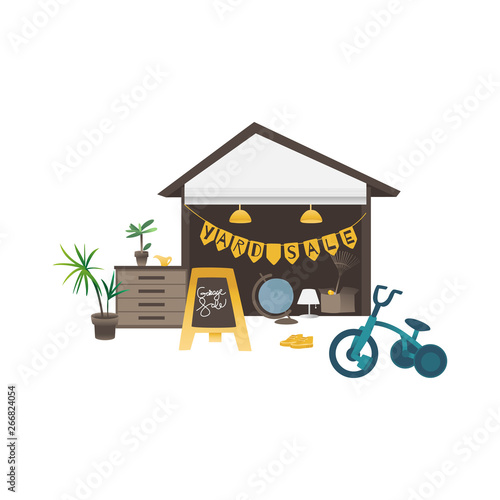 Yard or garage sale banner with household and sport items flat vector isolated.