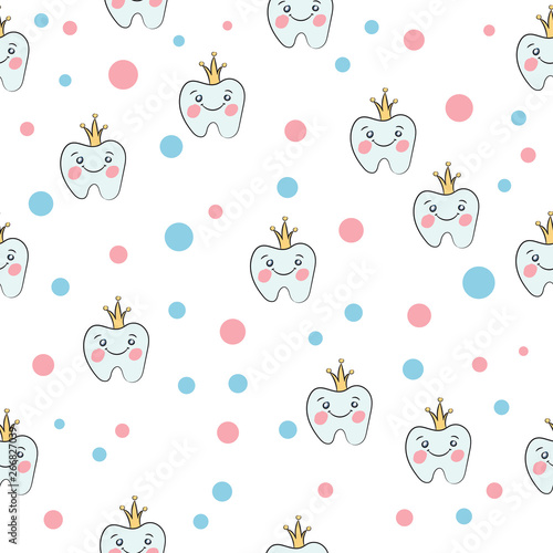 Cute teeth cartoon seamless pattern. Children's dentistry theme illustration. Vector illustration.