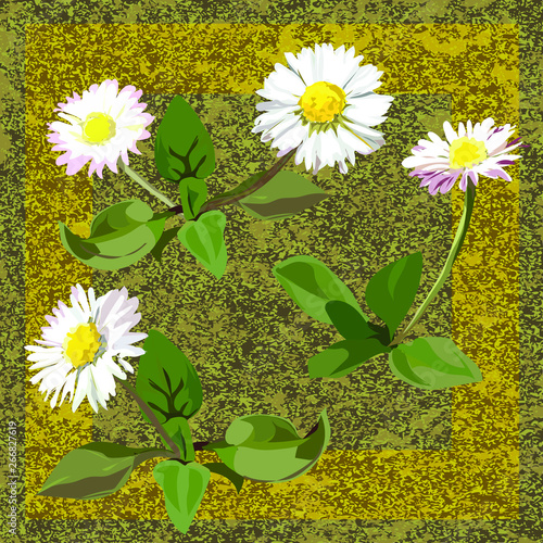 Daisies - white flowers with yellow centers and green leaves. Postcard, an element of decor. Background - military, green and brown. Extra yellow frame.
