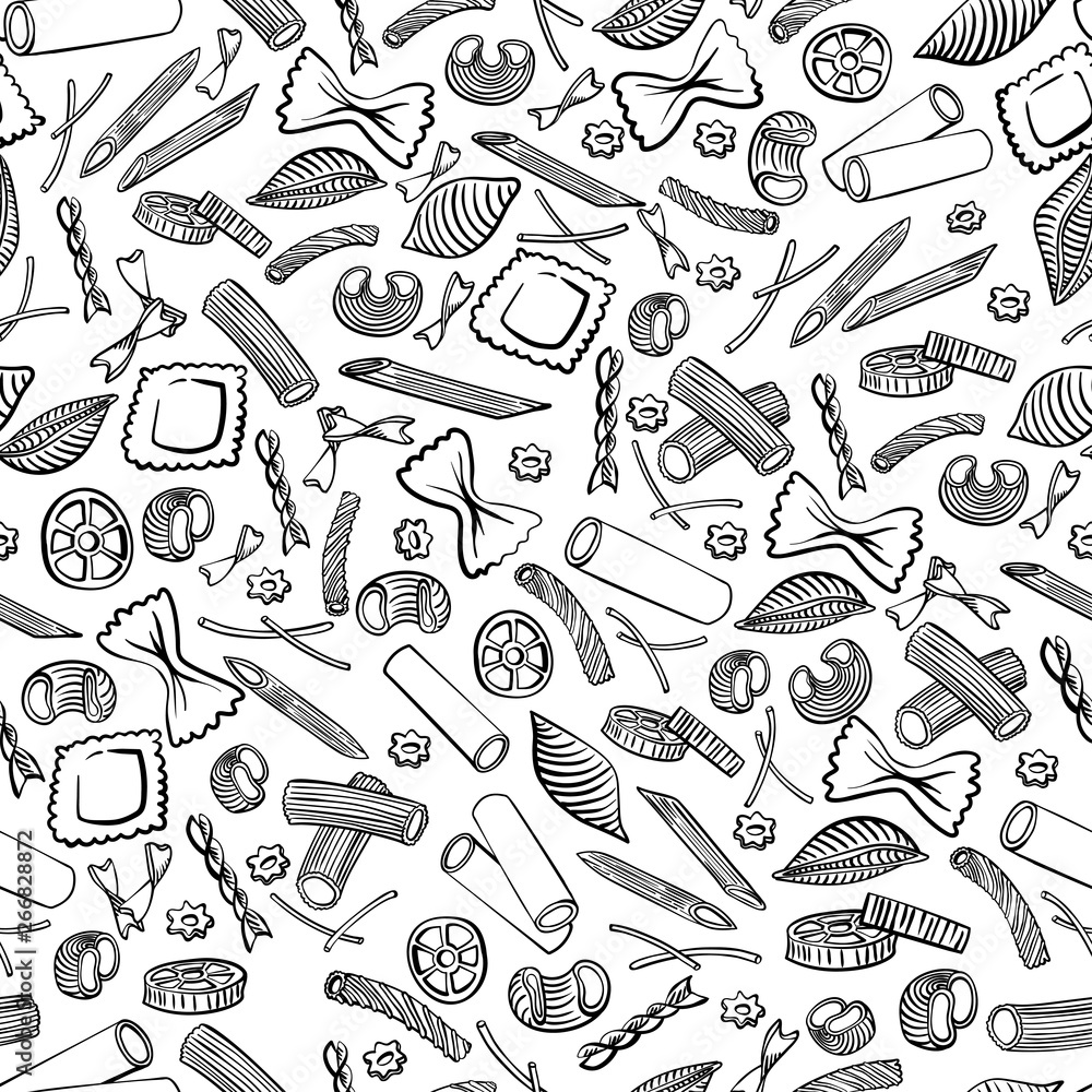 seamless pattern with italian macaroni of different kinds. Black hand draw on white background seamless pattern with italian macaroni of different kinds. Black hand draw on white background