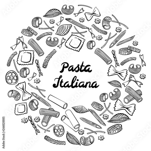 Round frame with italian macaroni of different kinds. Black hand draw on white background
