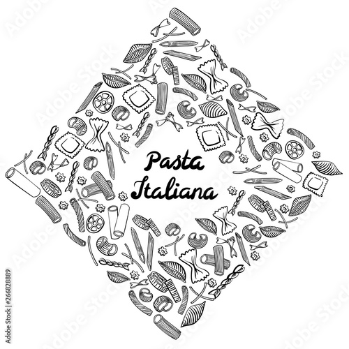 Square frame with italian macaroni of different kinds. Black hand draw on white background