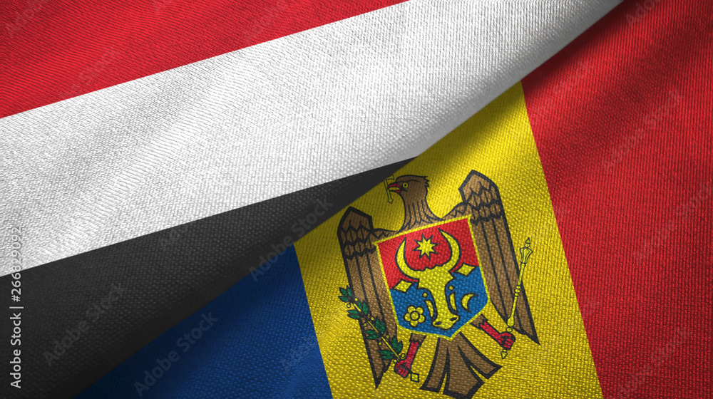 Fototapeta premium Yemen and Moldova two flags textile cloth, fabric texture