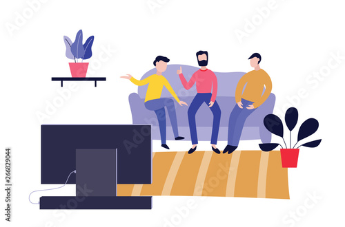 Vector happy flat men friend at sofa watching TV