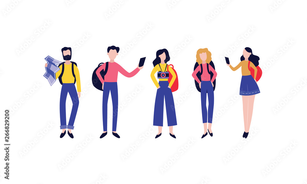Vector flat tourists men women photo set Vector flat tourists men women photo set