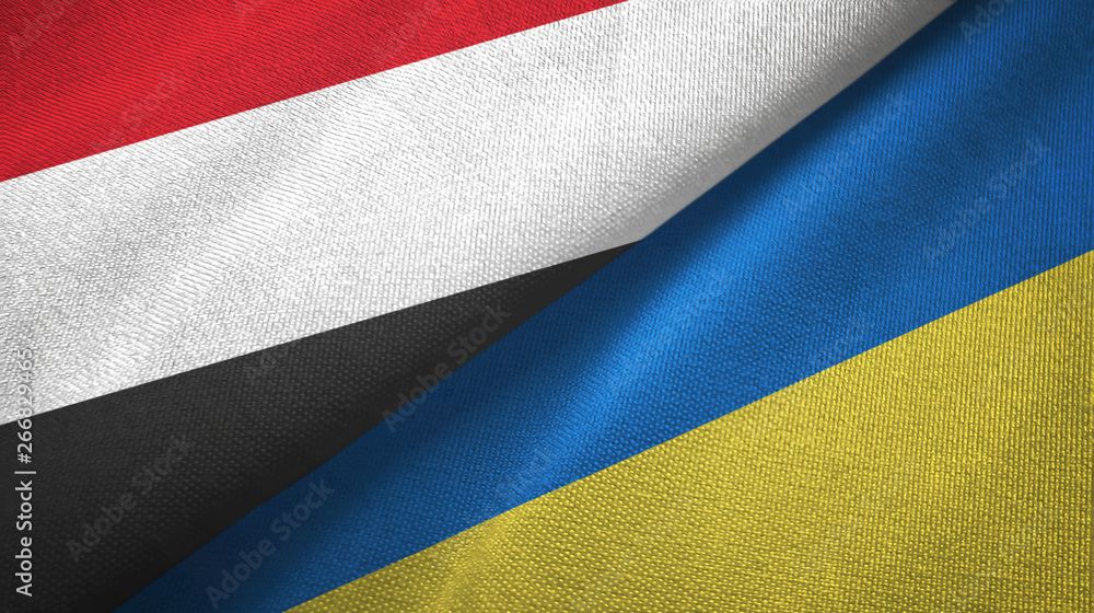 Yemen and Ukraine two flags textile cloth, fabric texture Yemen and Ukraine two flags textile cloth, fabric texture