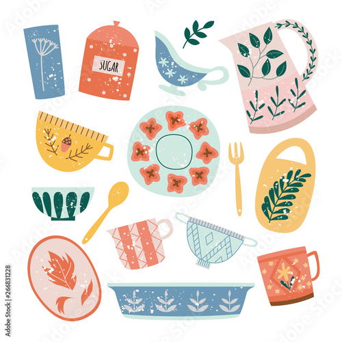 Set of ceramic tableware or crockery in flat cartoon style