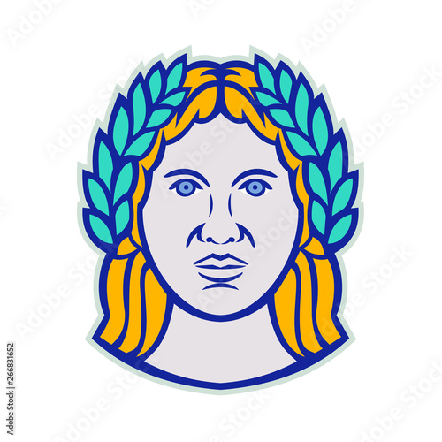 Mascot icon illustration of head of Ceres, a Roman agricultural deity with Demeter as Greek god equivalent wearing a laurel crown viewed from front on isolated background in retro style.