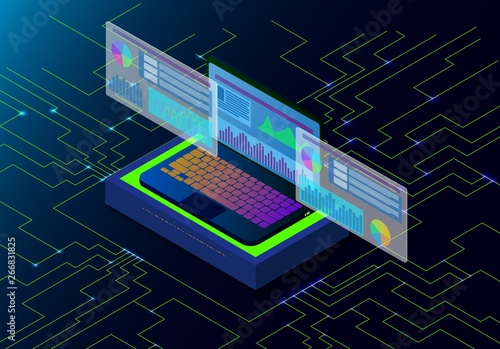 isometric laptop of data science and programming