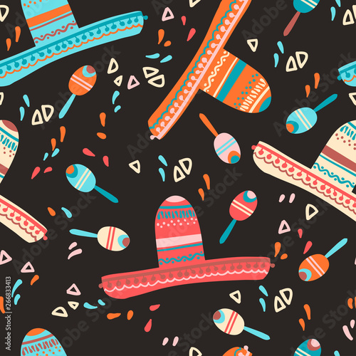 Seamless pattern with sombrero hat, maracas and decorative elements. Mexican children mood.