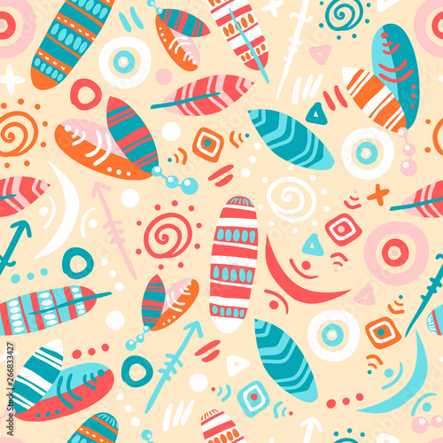 Seamless pattern with ornate feathers, arrows and folk decorative elements. Indian children mood.