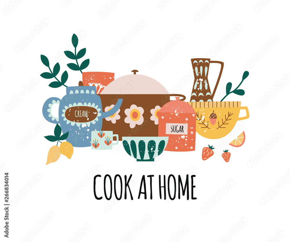 Composition of crock kitchenware with text in flat cartoon style