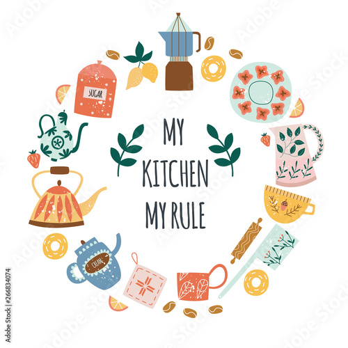 Circle composition of ceramic kitchenware with text in flat cartoon style