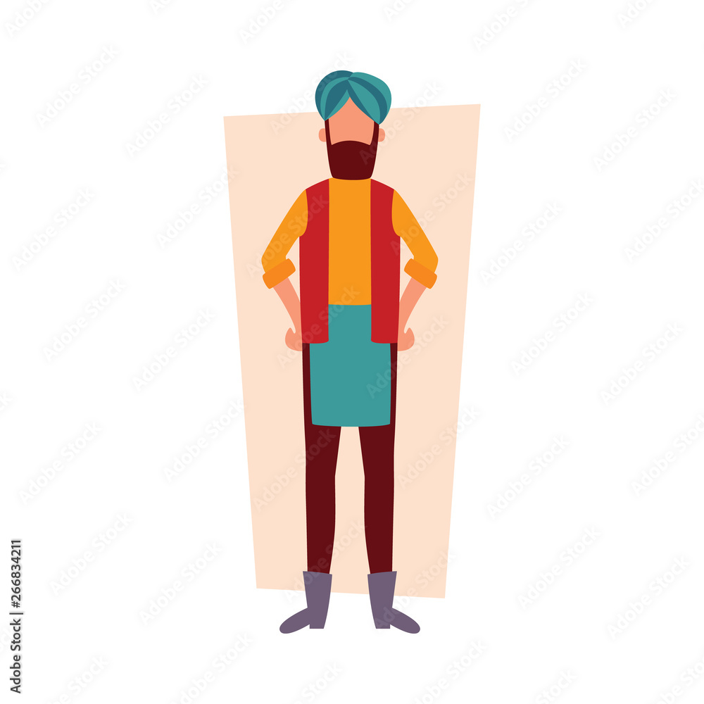 Indian man in traditional clothes standing with arms akimbo flat cartoon style Indian man in traditional clothes standing with arms akimbo flat cartoon style