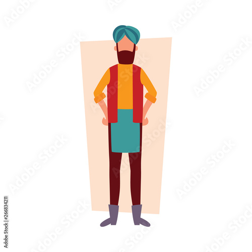 Indian man in traditional clothes standing with arms akimbo flat cartoon style