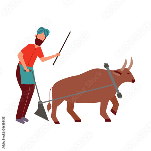 Indian farmer male with plough and cattle animal in yoke flat cartoon style